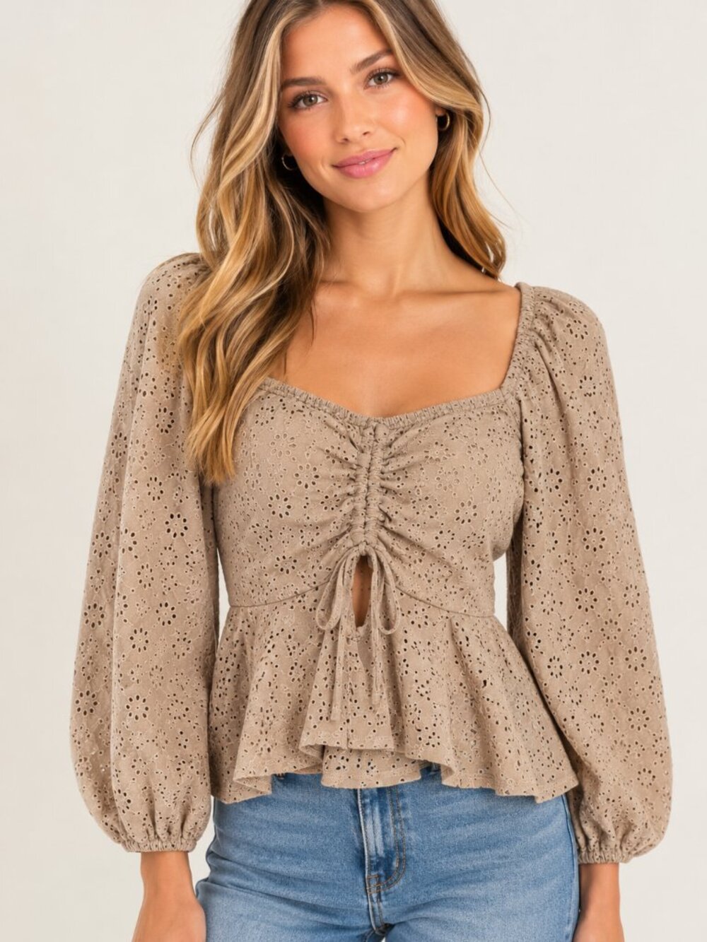 URBAN Romantics Taupe Eyelet Drawstring Peasant Blouse